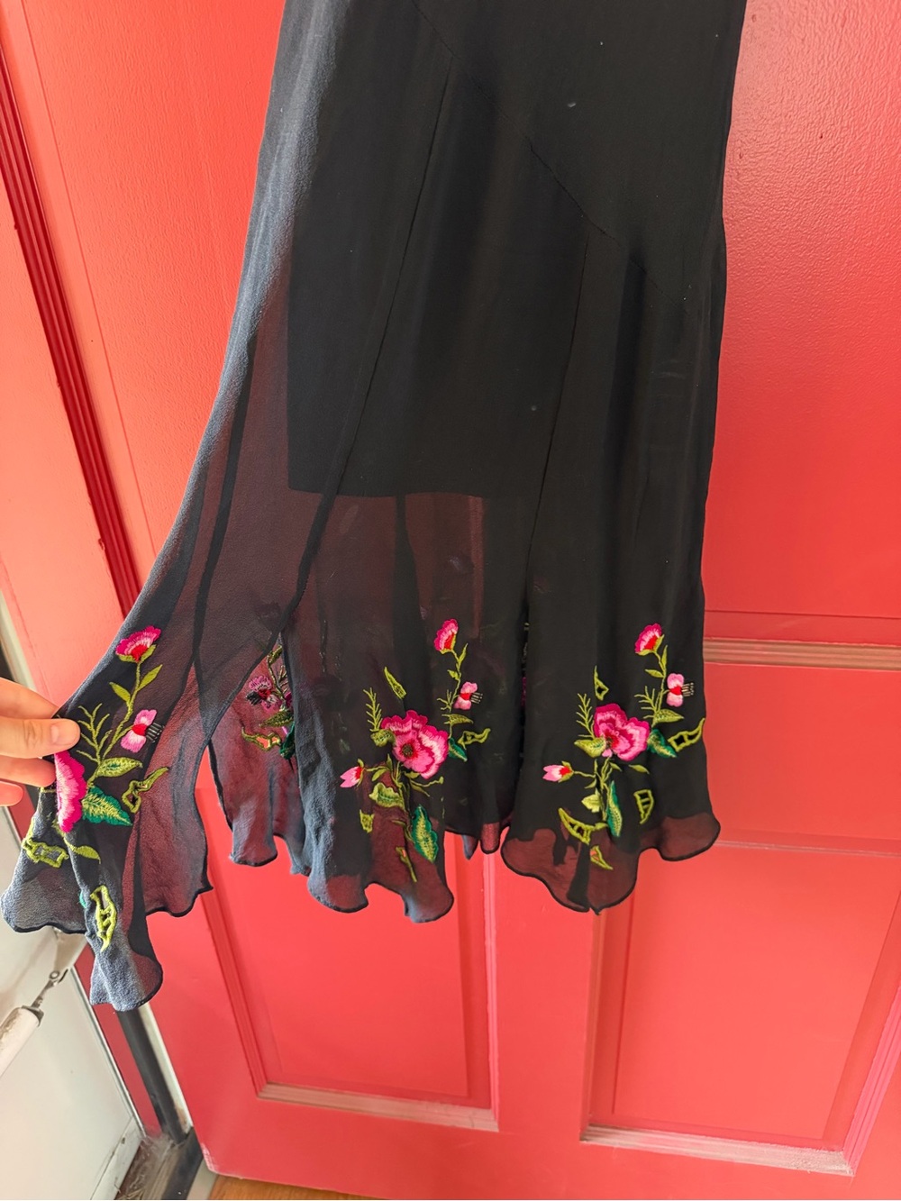 Cache Black Maxi Dress with Pink & Green Floral Embroidery (similar to Sue Wong) - Picture 4 of 6